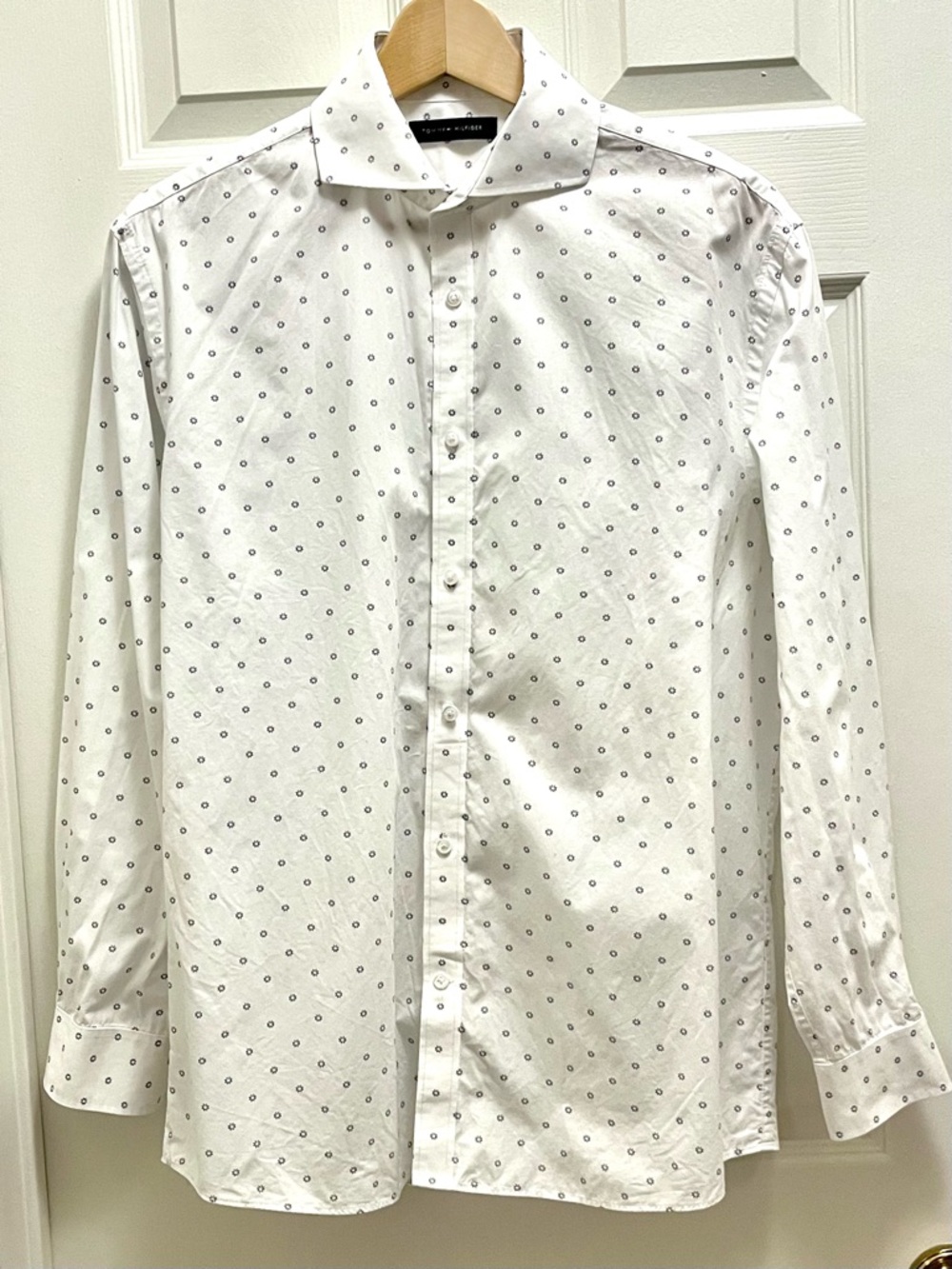 Tommy Hilfiger Slim Fit White Blue Geometric Print Dress Shirt 16.5 32/33